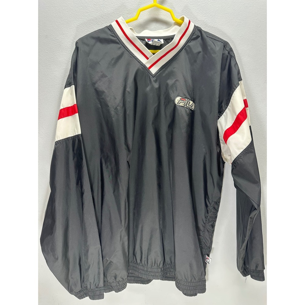 Vintage Fila Windbreaker Pullover V-Neck Black White Red Striped Mens Large